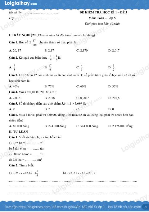 Đề kiểm tra học kì 1 Toán 5 - Đề số 3